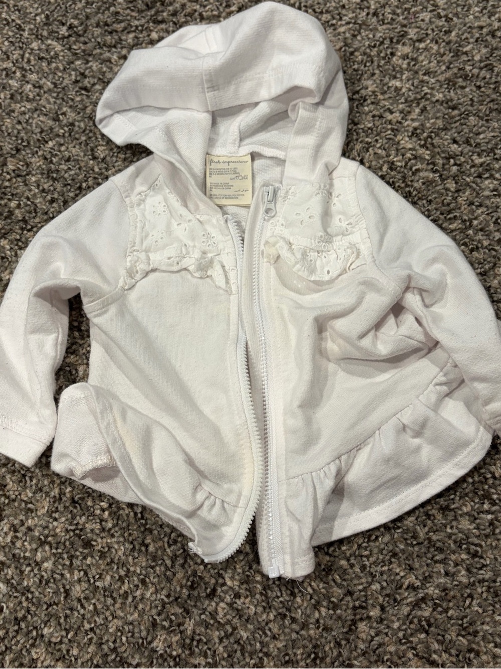 First Impressions White Hooded Zip Jacket with Eyelet Ruffle | 3-6 months